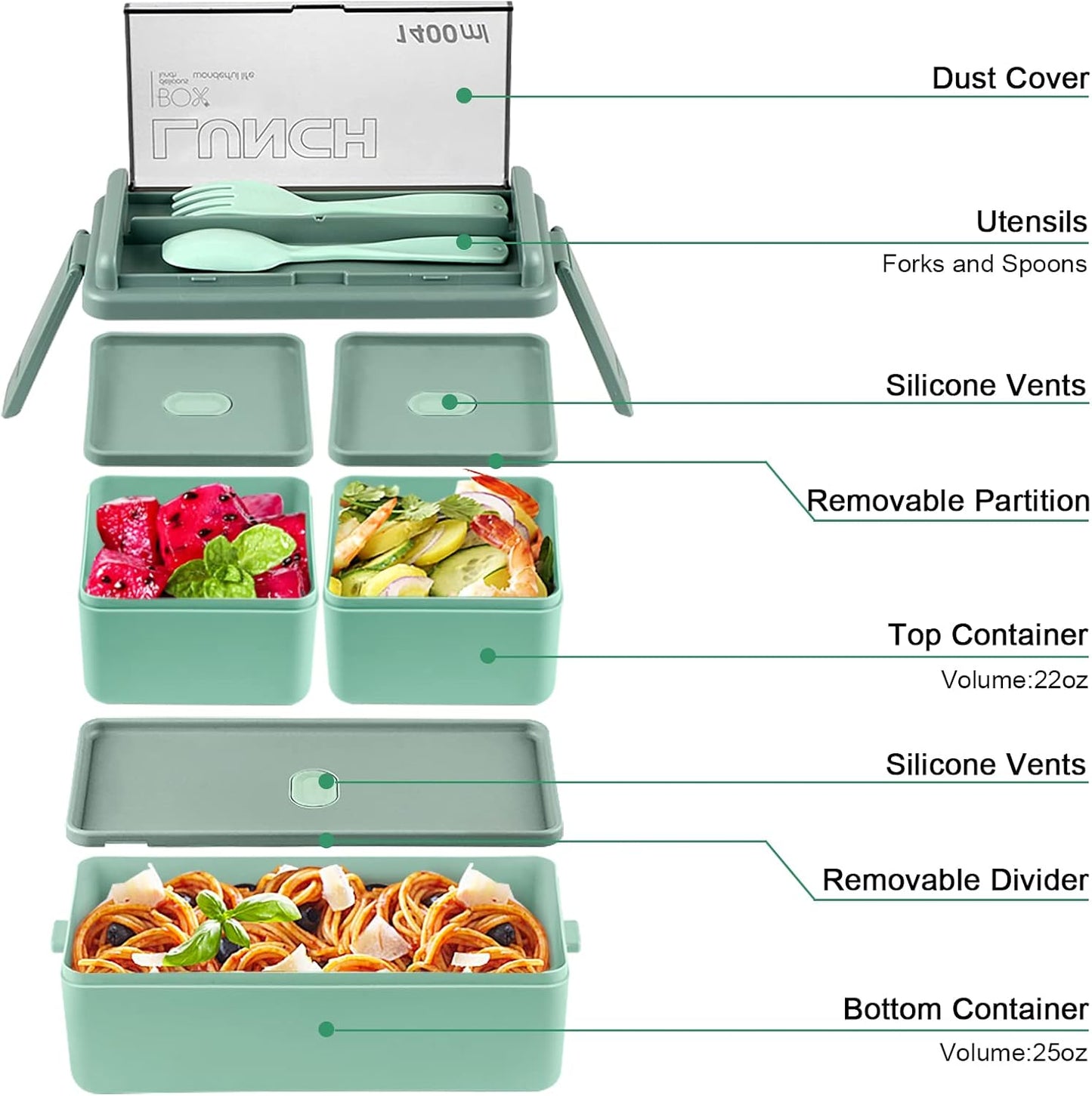 Adult Kids Tiffin Boxes Leakproof with Removable Compartments Lunch Box - 1400 ml