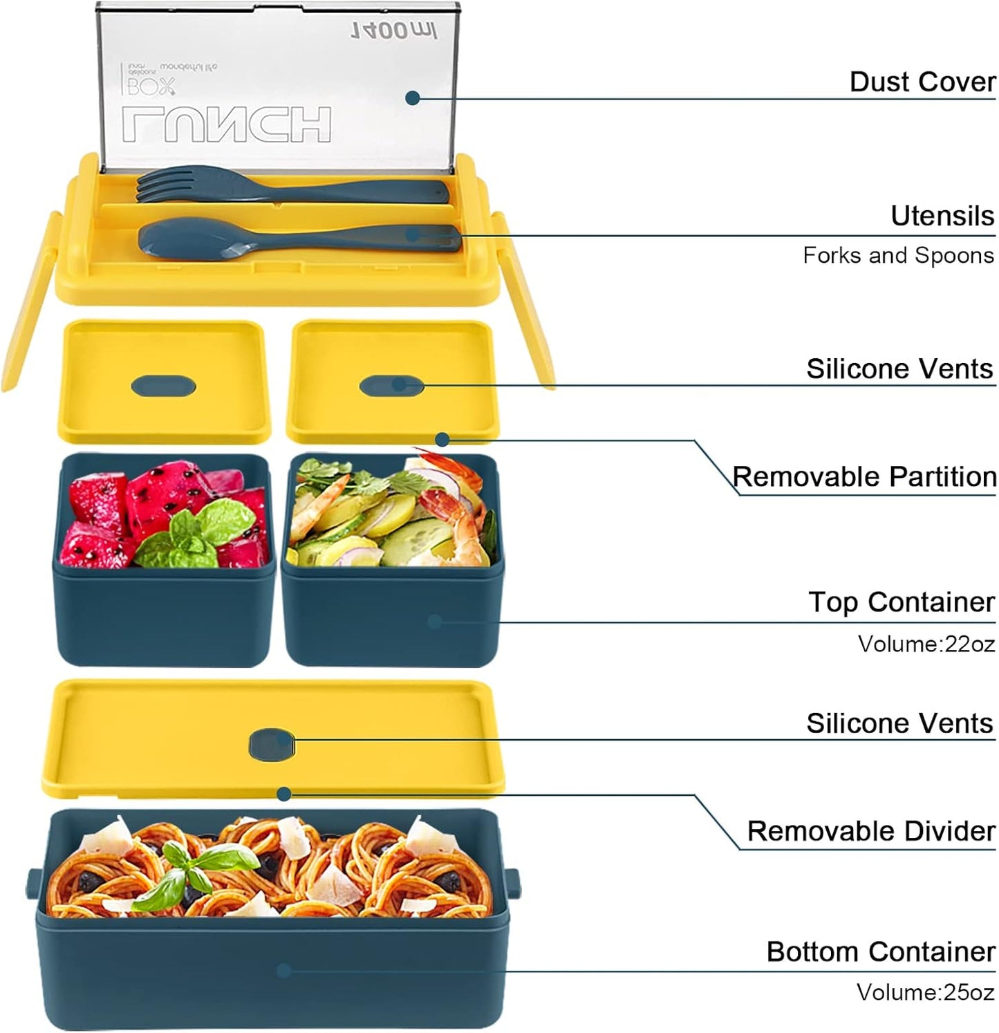 Adult Kids Tiffin Boxes Leakproof with Removable Compartments Lunch Box - 1400 ml